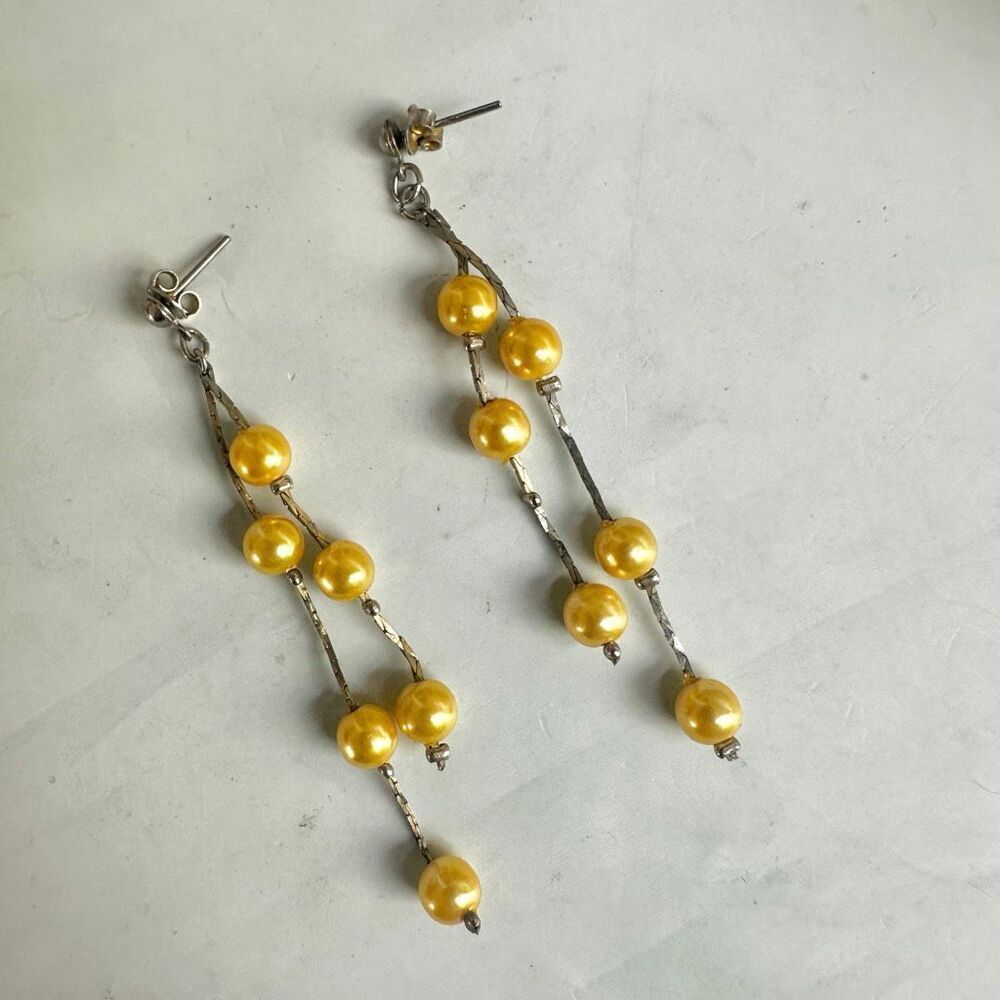 Yellow Faux Pearl Linear Dangle Earrings - Picture 4 of 5